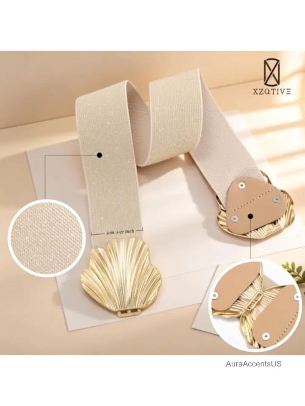 Wide Elastic Belt with Shell Gold Buckle - Stretchy Fashion Waist Belt for